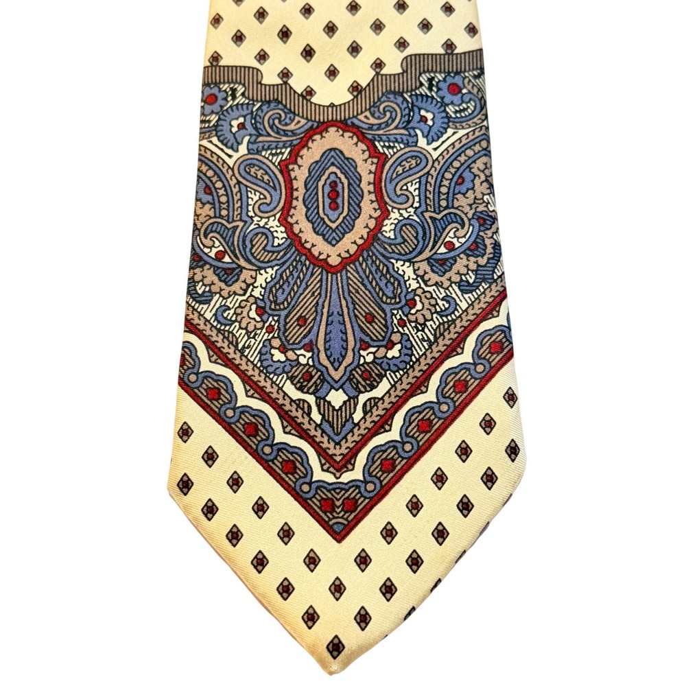 Nicola Paone Silk Tie Yellow Cream Paisley Geometric Handmade Italy Necktie Vtg